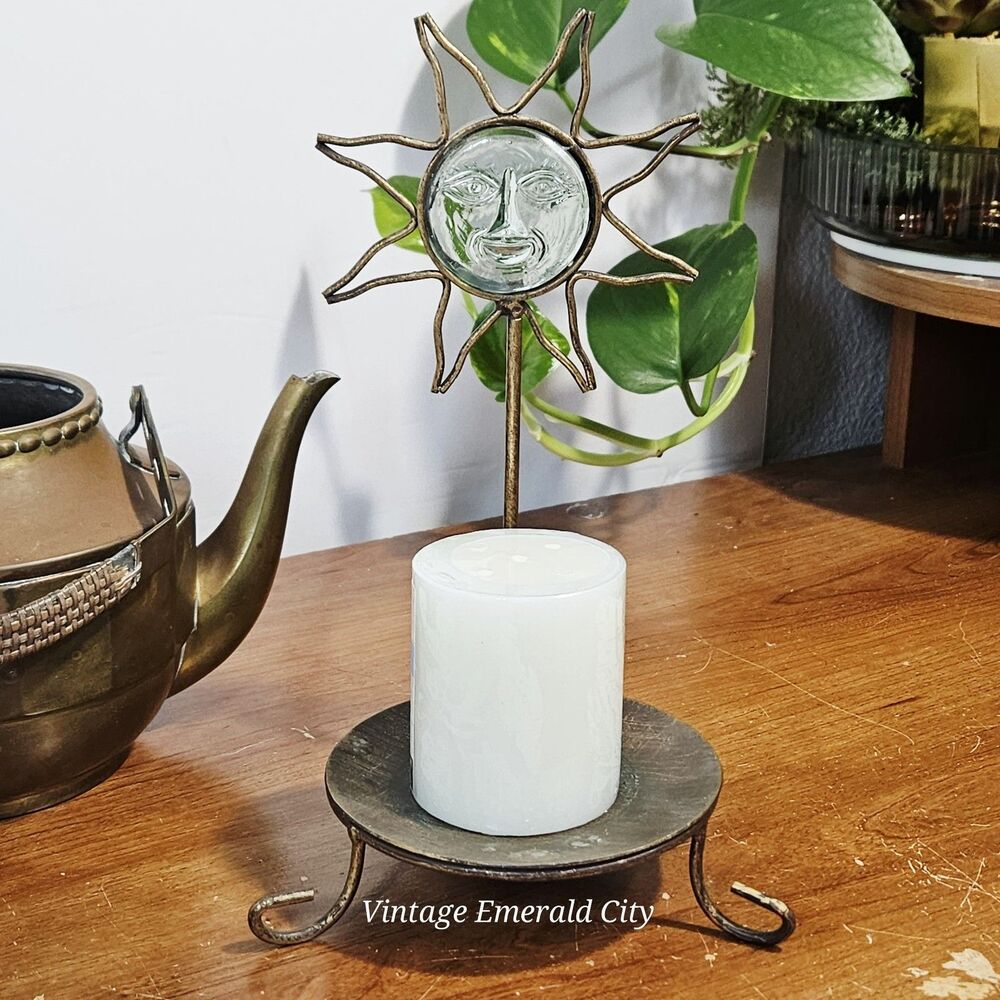 Vtg Sunburst Gold Metal Candle Holder Glass Sun Face 3d Mystical  Celestial Boho